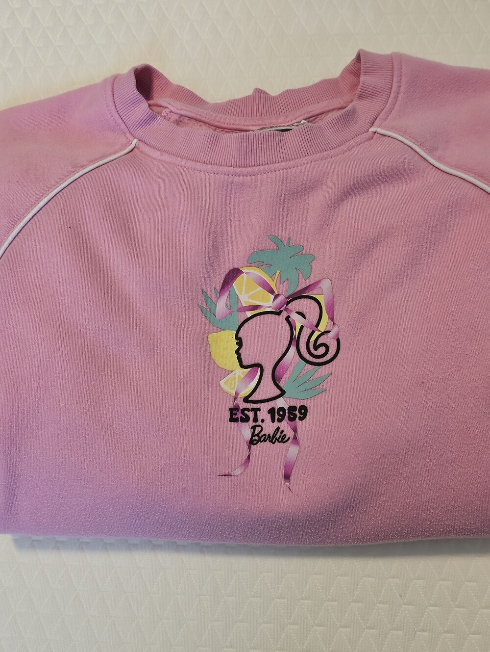 Barbie Est 1959 Malibu CA Sweatshirt Small Pink Tropical Lemon Graphic Crewneck